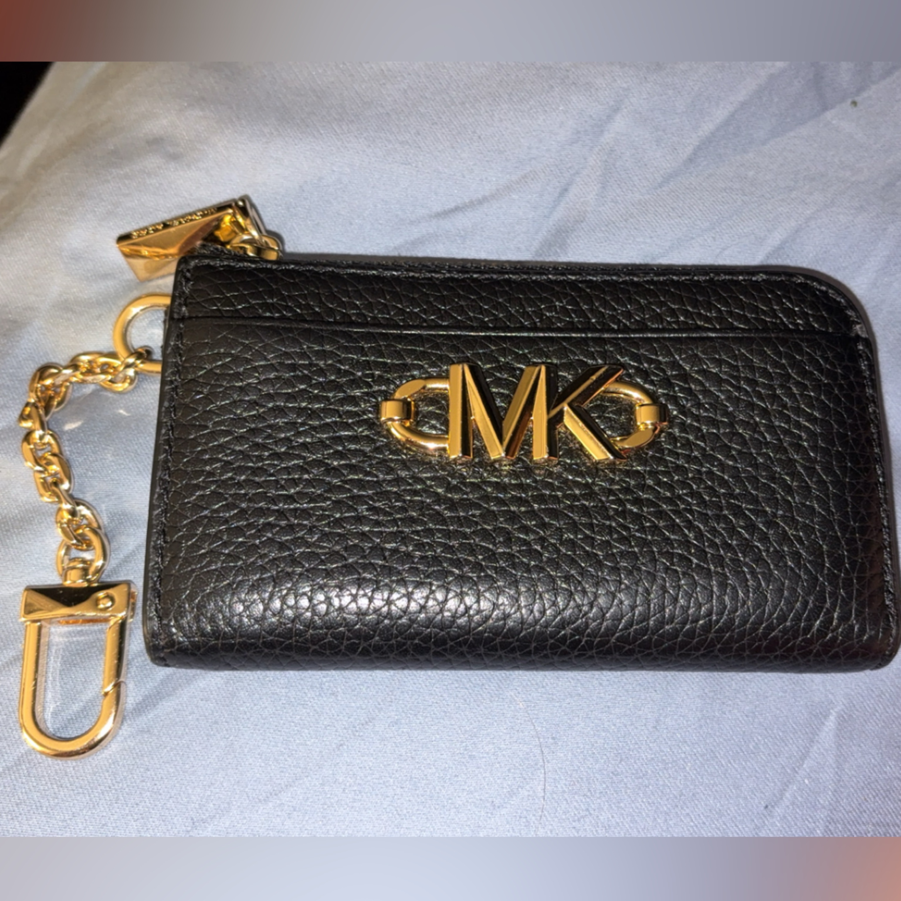 Michael Kors Black Pebbled Leather Card Holder With Gold Accents